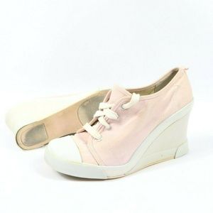 Vintage Canvas Lace Up Wedge Heels Shoes Pink 9